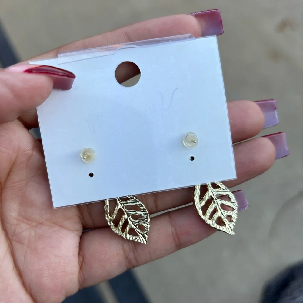 Gold Leaf Earrings with Multicolor Crystals - Picture 3 of 3